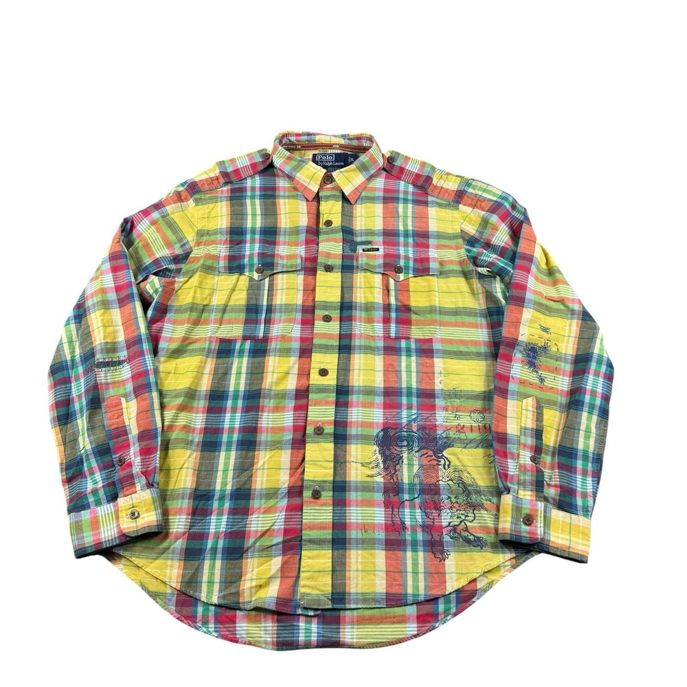 Polo Ralph Lauren Military Utility Dragon Plaid Distressed Button Shirt Mens XL